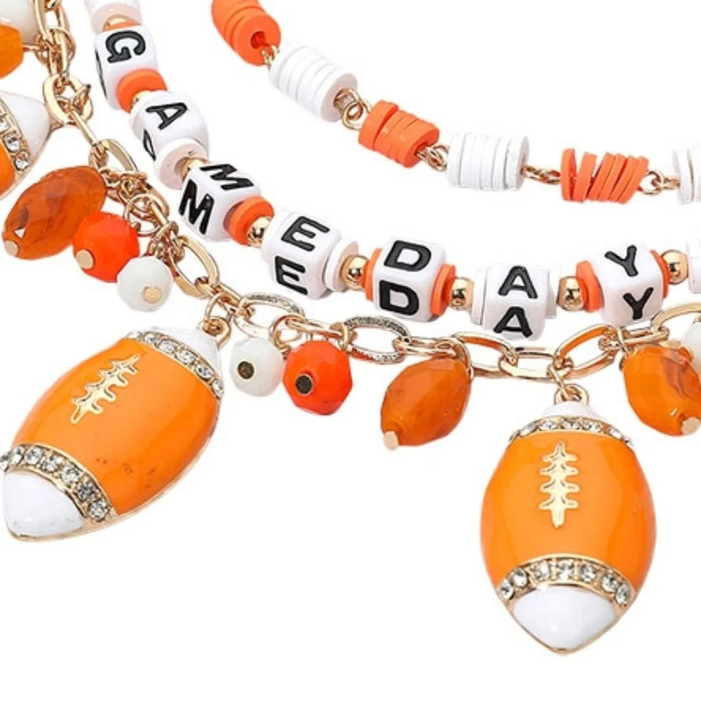 Orange White GAME DAY Football Dangle Charms Heishi Beaded Layered Purse Chain
